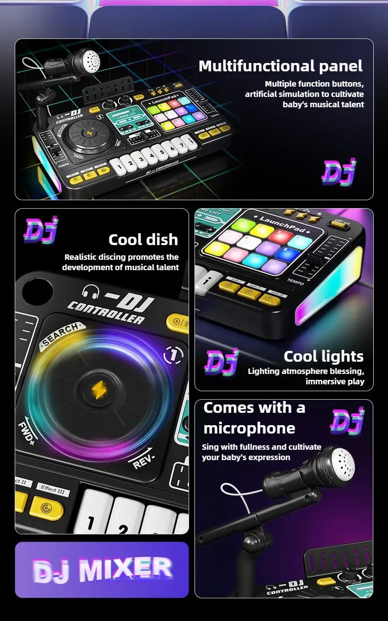 Kids DJ Controller Music Toy Mixer with Microphone LED Light Electronic Music Game DJ Turntable for Children Birthday Gifts