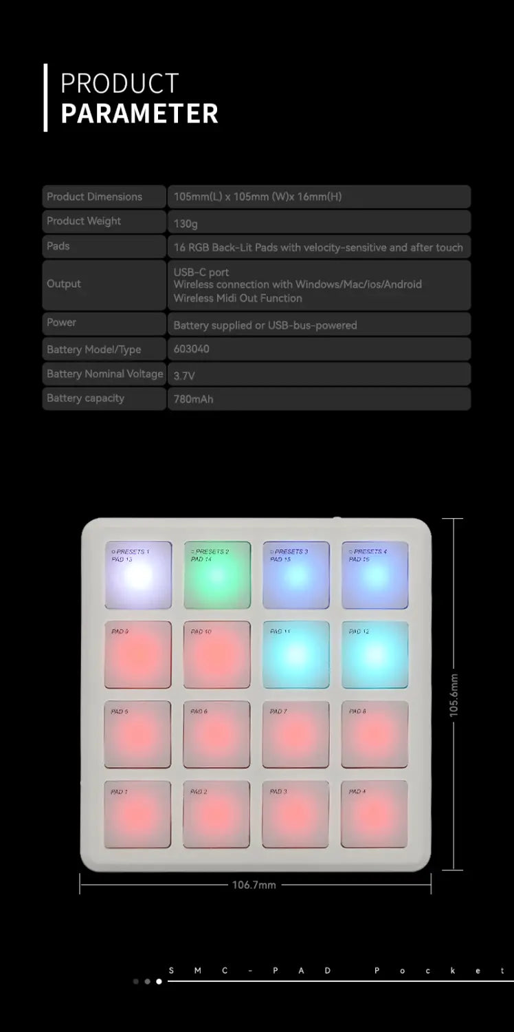 M-VAVE SMC PAD Pocket Pad Portable Wireless MIDI Controller 16 Pads Suitable Percussion Keyboard USB-C Interface Tools