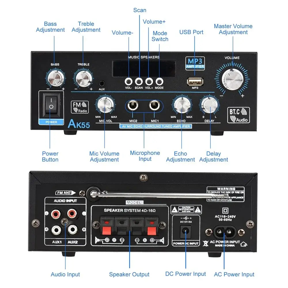 AK55 HiFi Digital Amplifier Channel 2.0 Bluetooth Surround Sound AMP Max Power 90Wx2 Speaker for Home Car BT 5.0 Audio AMP