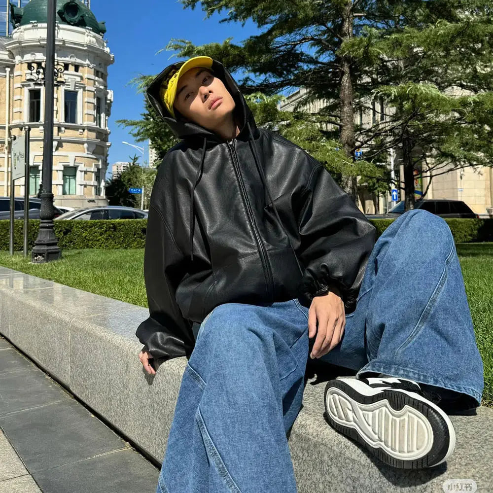 High Street Black Color Pu Leather WIndbreaker Coat Mens and Women Cleanfit Casual Loose Zipper Hooded Jackets Oversized