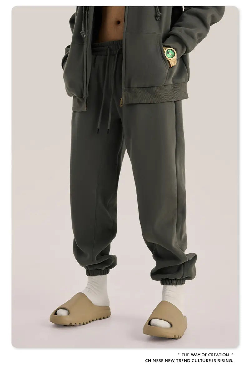 ZODF Trendy Men 345gsm Fleece Sweatpant Unisex Solid Color Loose Retro Hip Hop Winter Joggers Pants Brand Clothes HY0005