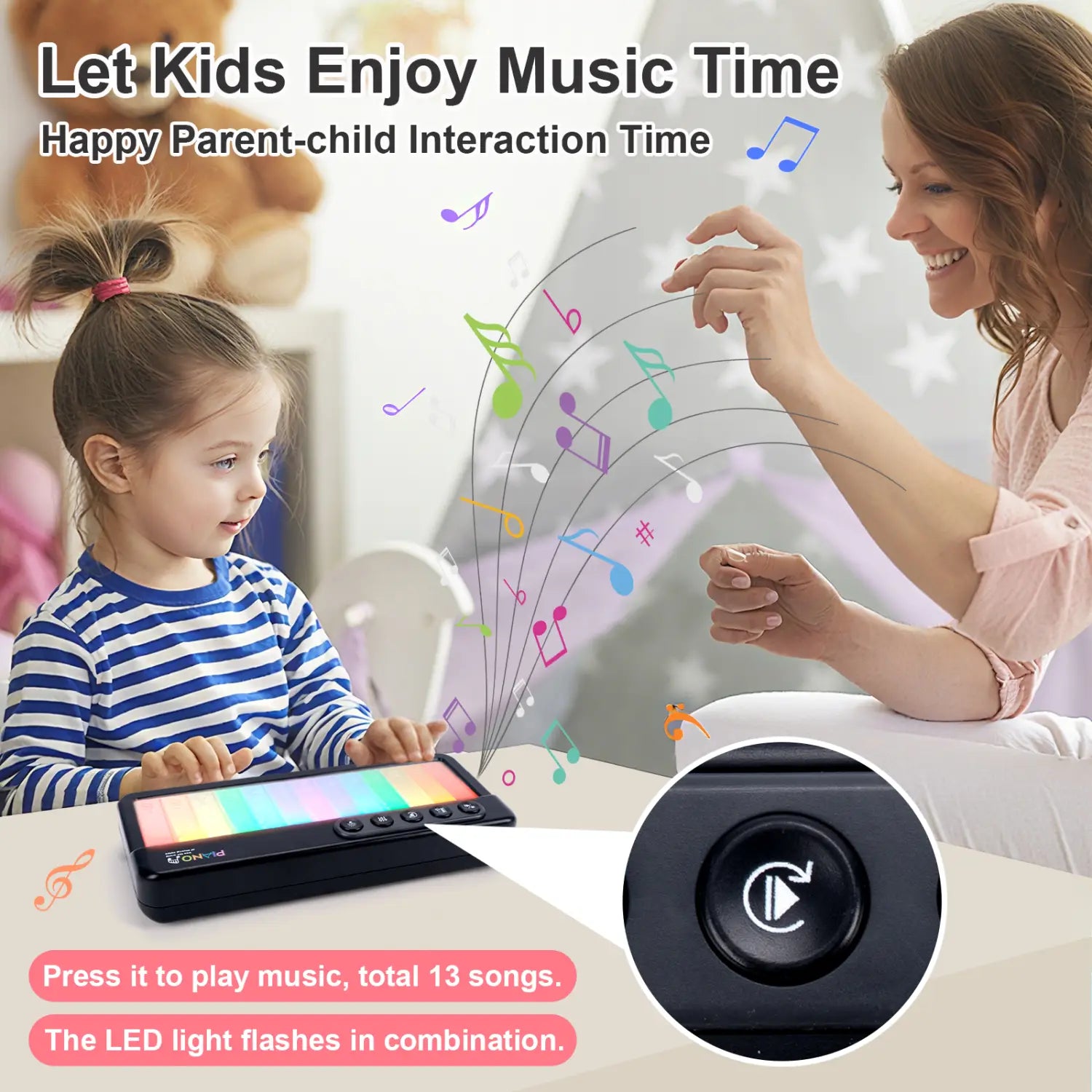Rainbow Flashing Piano Toys with 5 Instruments 13 Melody Electronic Music Toys Portable Keyboard Toys Educational Toys for Kids