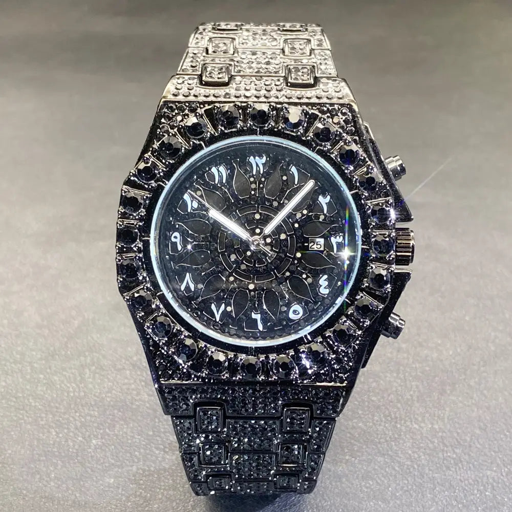 MISSFOX Hip Hop Wristwatch For Men Luxury lce Out Full Diamond Watches Fashion Green Watch Wterproof Week Display Clock 2025