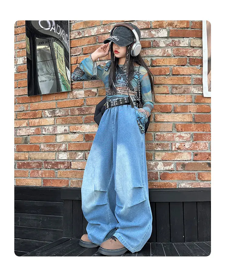 Hiphop Fashion Style Girl y2k Dance Clothes Set T-shirt And Jeans Hiphop Streetwear Kids Child Performance Costume Stage Outfits