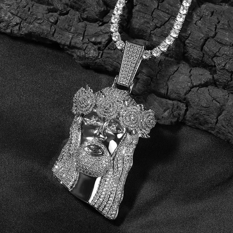 Hip Hop Micro Paved AAA+ Cubic Zirconia Bling Iced Out Flower Hat JESUS PIECE Pendants Necklaces for Men Rapper Jewelry