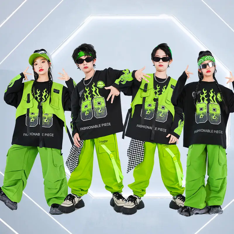Korean Teenager Hiphop Rapper Clothes Outfit Top And Bottom Clothes Set Children Hip Hop Style Streetwear Costume Stage Wear Boy