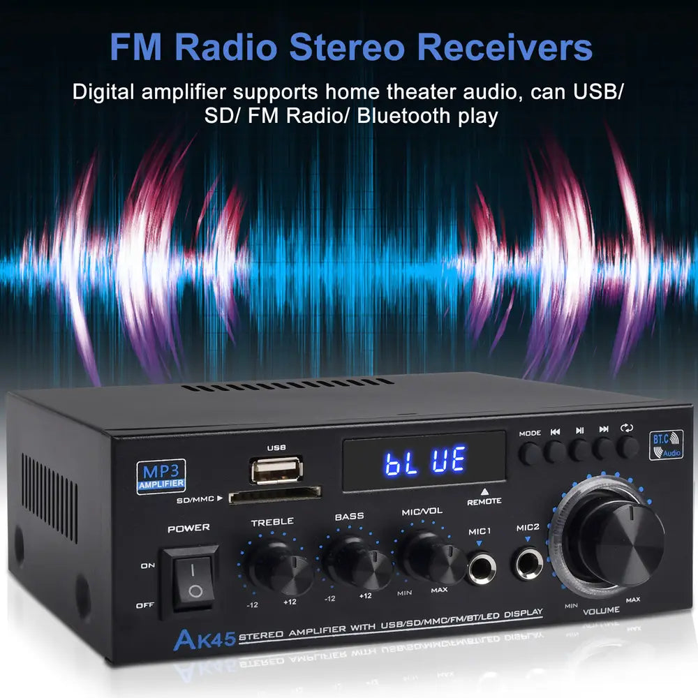 Channel 2.0 Surround Sound HiFi Digital Amplifier AK45 Bluetooth MP3 AMP Support 90V-240V for Home Car MAX 300W*2 for Speakers