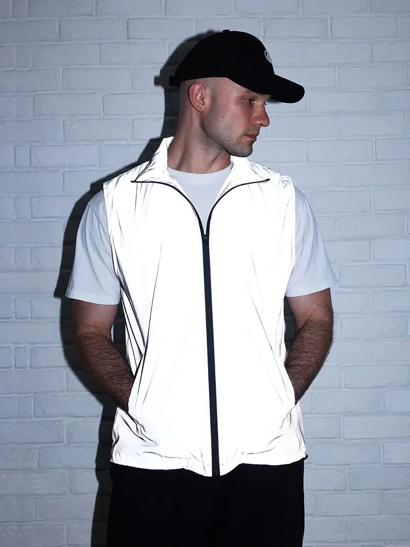 Hip-hop Streetwear Reflective Sleeveless Vest Men’s Spring Summer Lightweight Stand Collar Night Running Dancing Outdoor Jacket