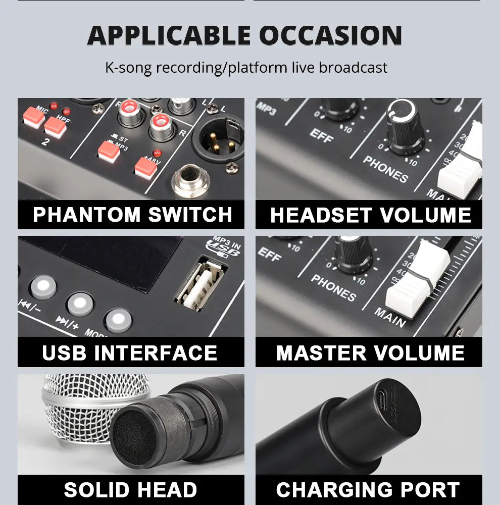 LEUS F4X Audio 4 Channel Sound Mixer With Dual UHF Wireless Microphone DJ Console Mixing for karaoke Party PC Studio Recording