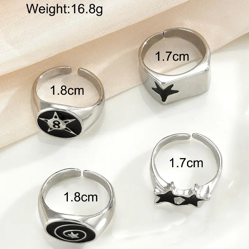 4 Pcs Punk Black Star Rings Set for Women Men Fashion HipHop Silver Color Geometric Thick Finger Ring Y2K Unisex Jewelry Gifts