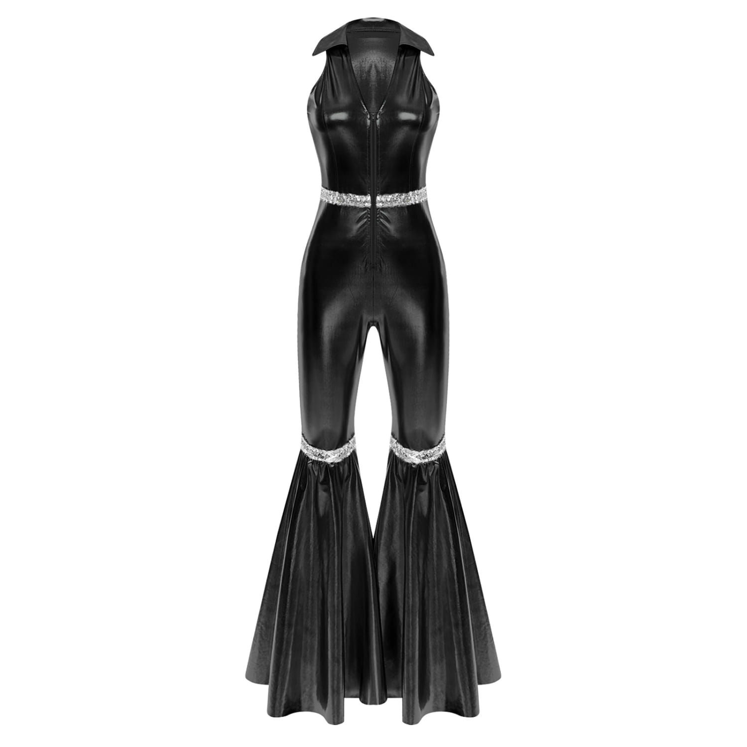 Adult Womens 70s Disco Rompers Lapel V Neck Sleeveless Front Zipper Sequins Bell Bottom Long Pants Jumpsuit Retro Jazz Dancewear