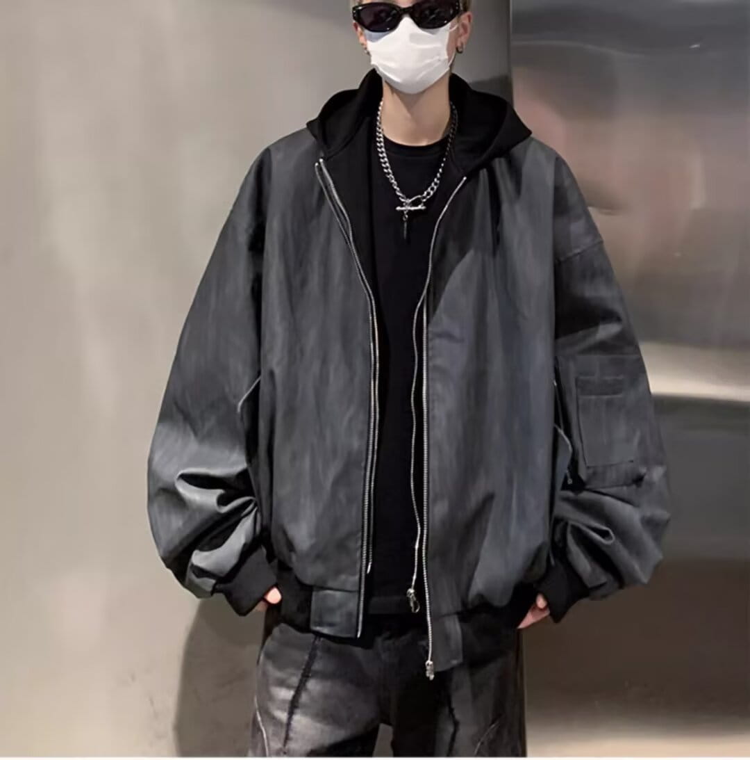 Hip Hop Style Fake Two-Piece Men’s Spring Autumn Baseball Jacket Pilot Coat Leather Shirt Trendy Handsome Hooded Coat