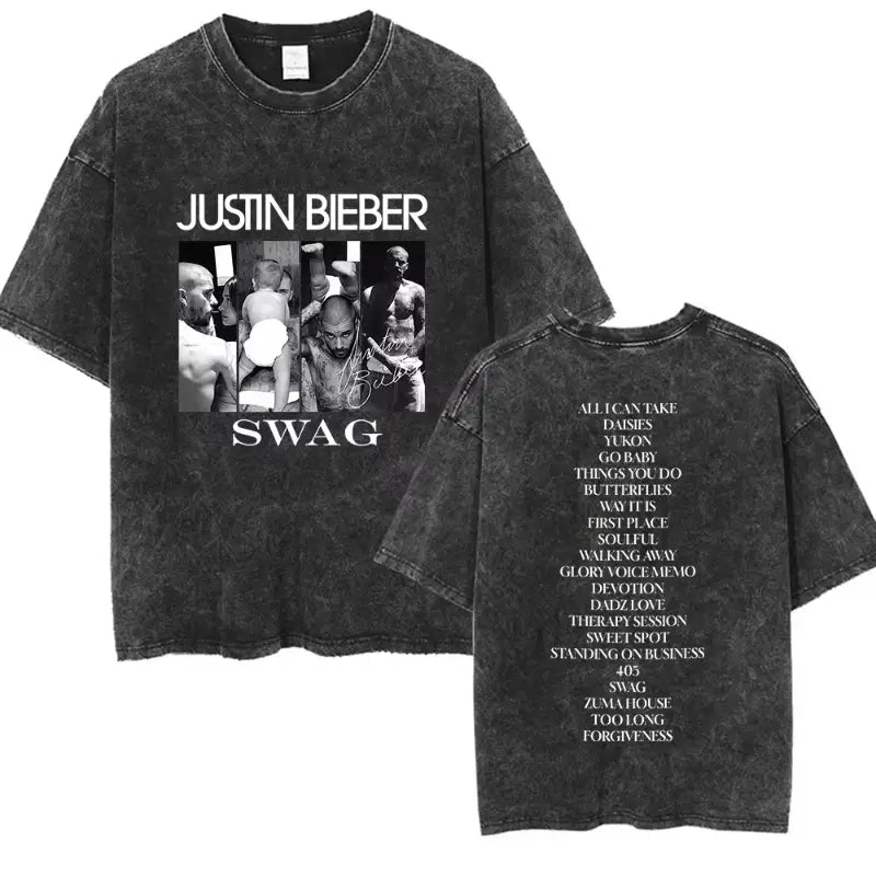 Rapper Justin Bieber SWAG Album 2025 Vintage Washed Graphic T-Shirt Woman’s Hip Hop Loose Fashion Short Sleeve Streetwear