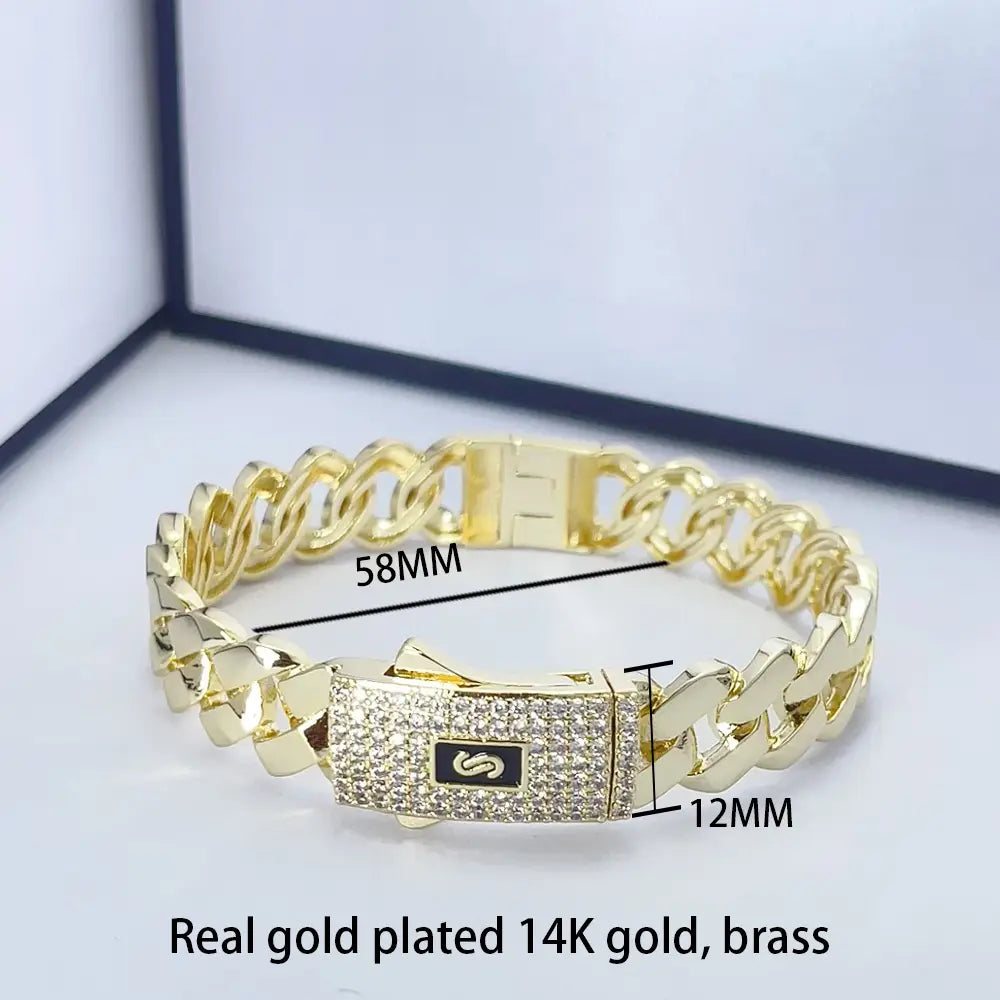 New hip hop Cuban bracelet Monaco hip hop bracelet 14K gold-plated copper unisex available for wholesale.