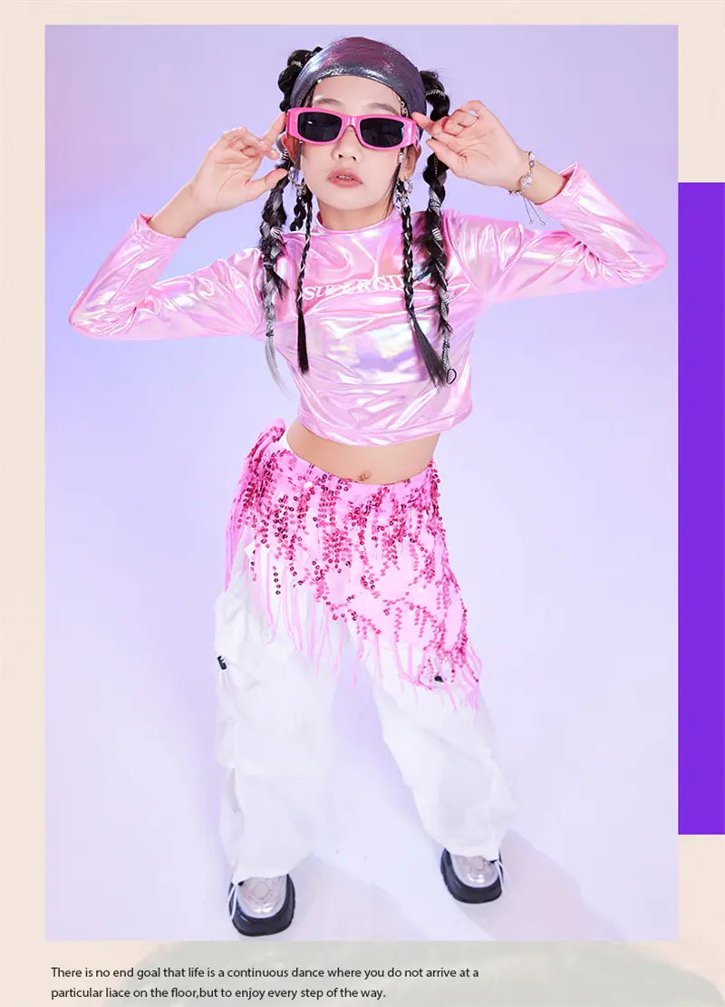 Pink Hip Hop Costume Girl Long Sleeve Laser Crop Top Shirt White Pant Sequin Hip Scarf Kids Stage Clothes Glitter Metallic Shiny
