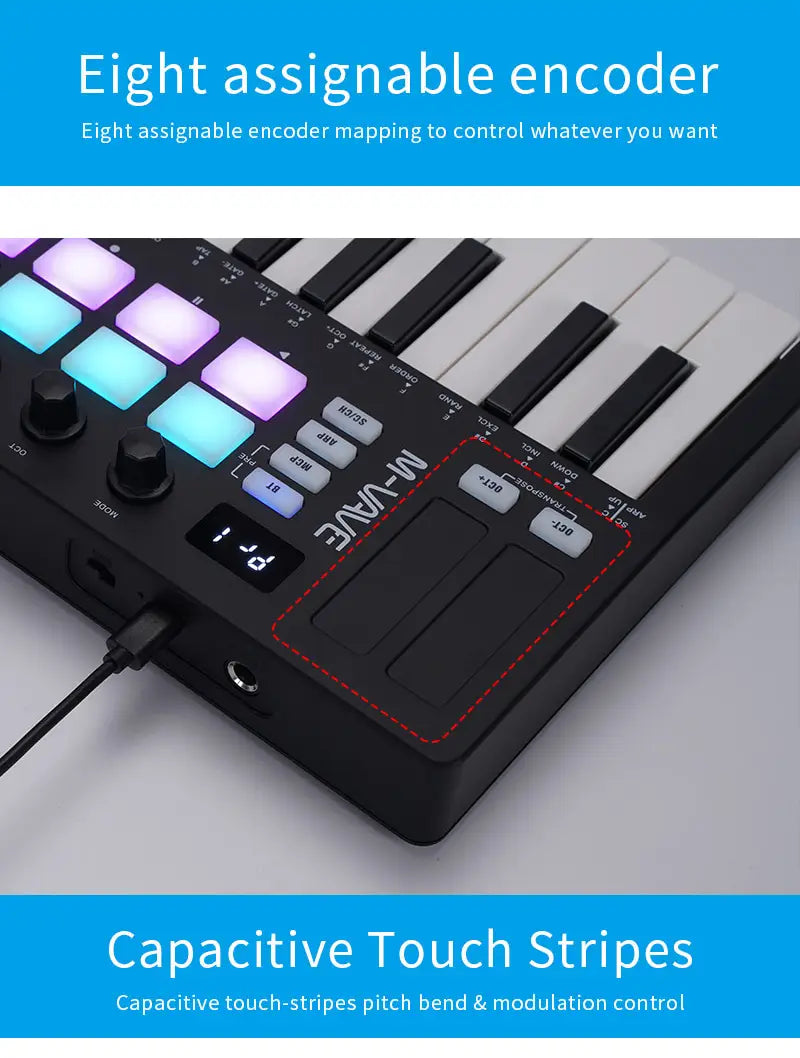 M-VAVE SMK-25 MIDI Pad Controller Rechargeable Keyboard USB 25 Key,16 RGB Drum Pads,8 Knobs&Music Production,Software Included