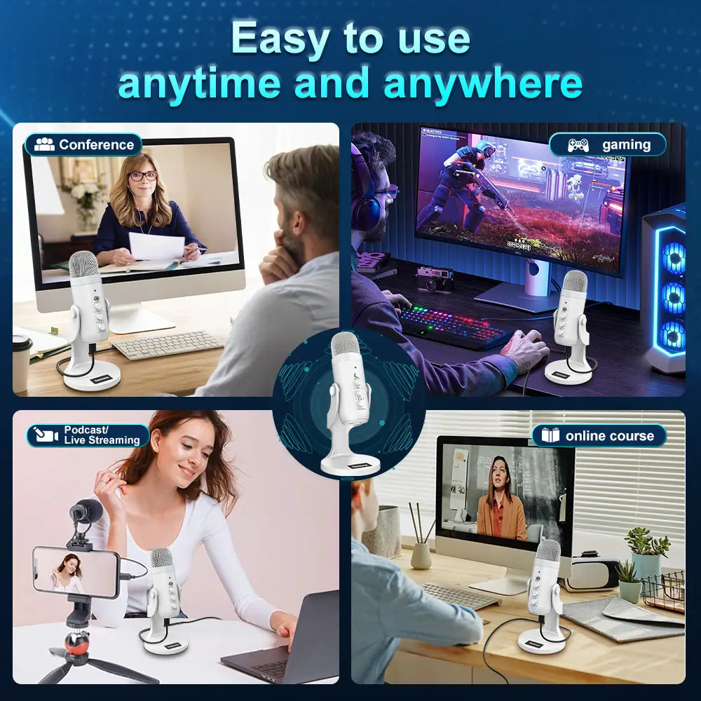 Professional White USB Condenser Microphone Studio Recording Mic for PC Computer Phone Gaming Streaming Podcast Vocals Youtube