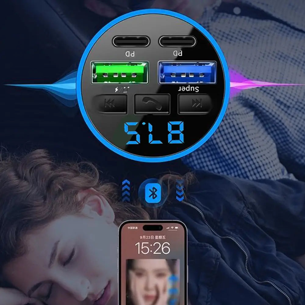 Bluetooth 5.0 FM Transmitter Handsfree Car AUX Radio Modulator MP3 Player 66W Dual PD Type-C USB Fast Charge With Volt display