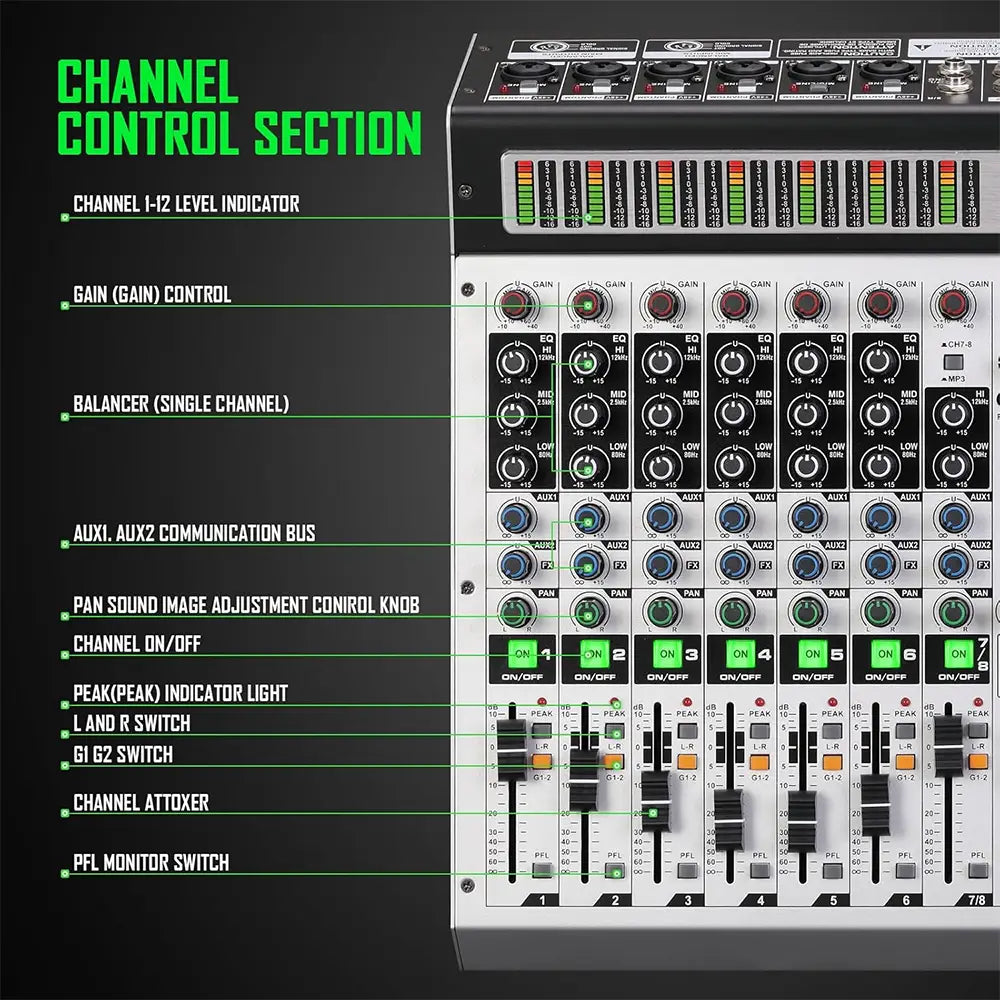 Professional 12Channel 99DSP DJ Audio Mixer BT Mixing Console USB Sound card Audio interface 48V for PC MP3 microphone Recording