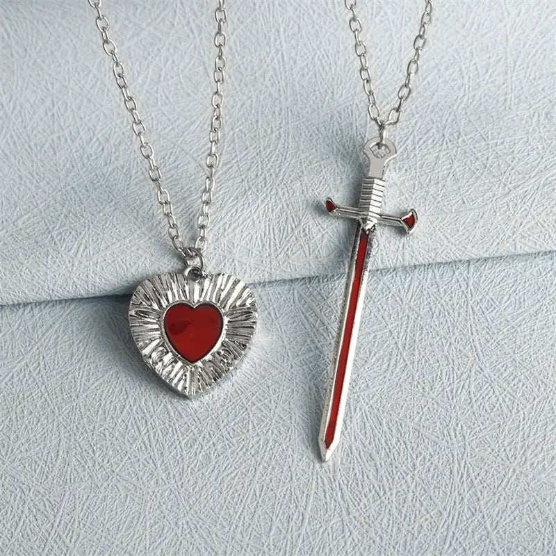 2pcs Swords Heart Pendant Necklaces for Women Men Cool Punk Heart Matching Necklaces Couple Friendship Fashion Jewelry Gift