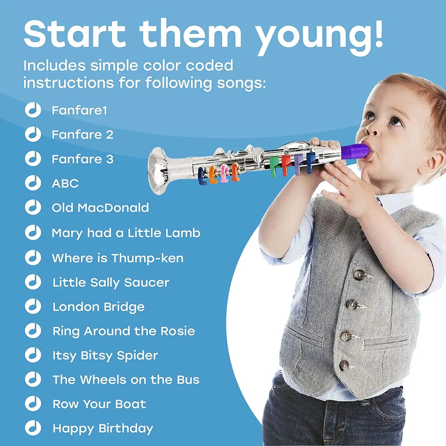 Toy Clarinet for Kids,Wind and Brass Musical Instruments for Toddlers,Toy Saxophone with 8 Colored Coded Keys Teaching Songs