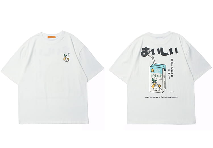 Hip Hop Tshirt Men Japanese Kanji Drink Graphic T Shirt Streetwear Harajuku Summer Short Sleeve T-Shirt Unisex Tops Orange
