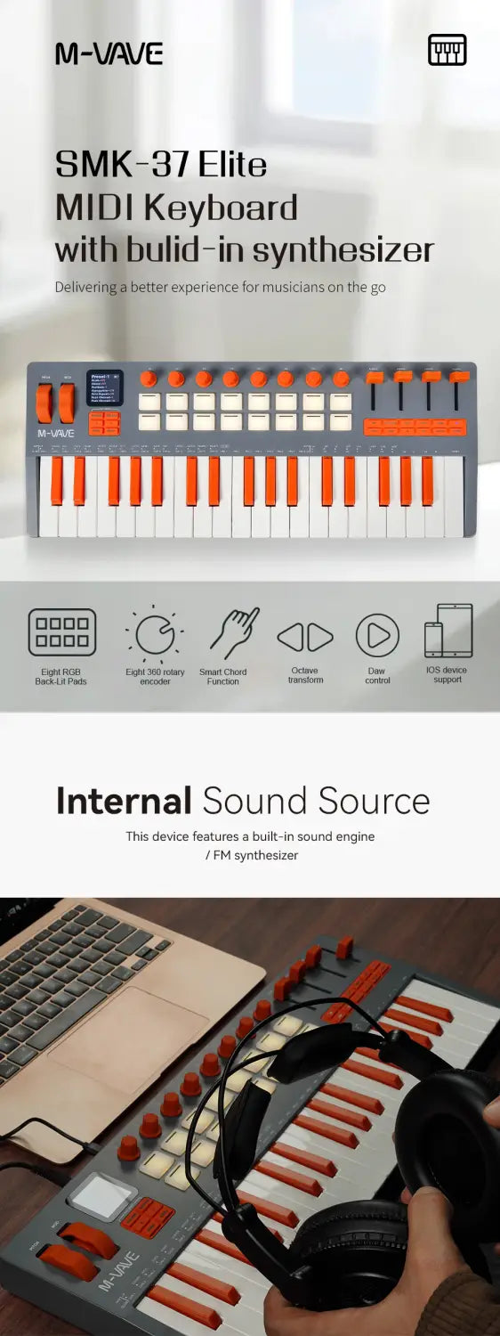 M-VAVE SMK-37 Pro MIDI Keyboard with Weighted Keys 16 Pad 8 Encoders Battery Powered DAW & IOS Compatible