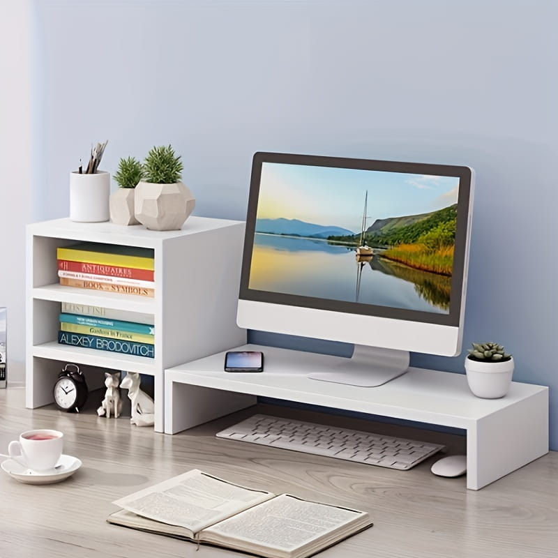 Spacious Wooden Monitor Stand Elevating Computer Riser with Storage Organizer and Keyboard Management for Office Dorm