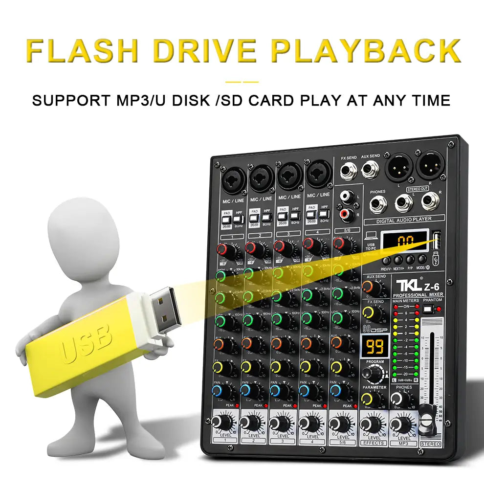 TKLBLS Professional 6-Channel 99DSP Audio Mixer 48V Phantom Power USB Studio Karaoke Bluetooth DJ Console Mixer