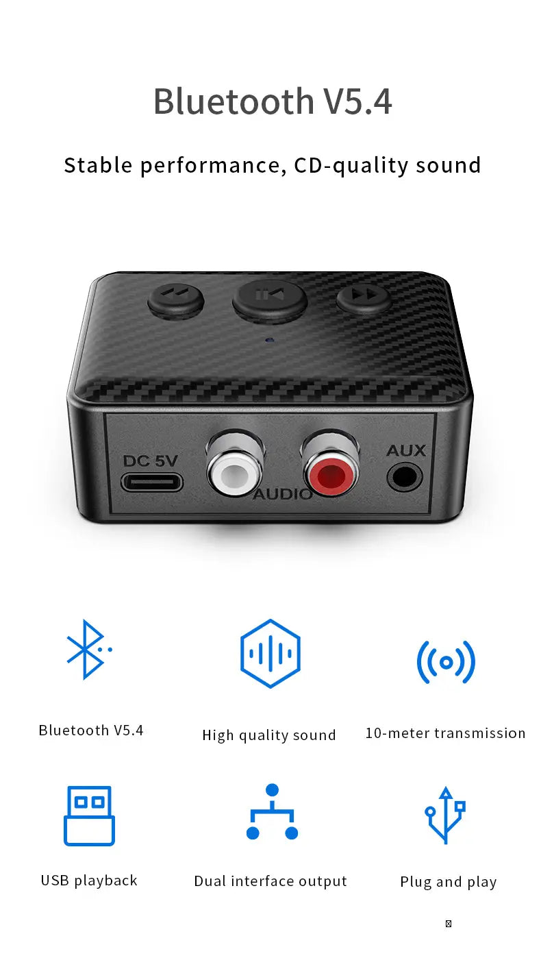 Wireless Audio Receiver Bluetooth 5.4 Stereo Music Adapter Support 3.5mm AUX RCA U-Disk Playback For Car Speaker Amplifier Kit