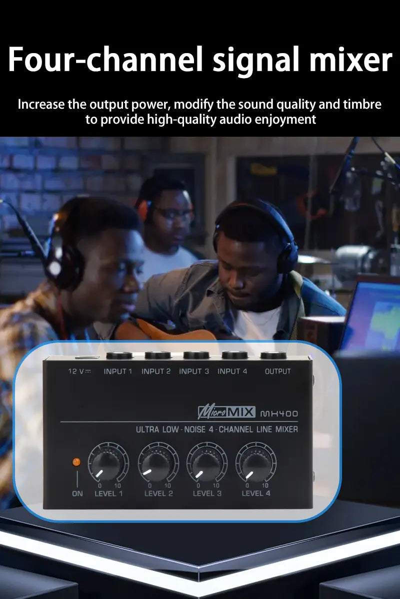 MX400 Mini 4-Channel Audio Mixer Ultra Compact Sound Low Noise With Power Adapter DJ Karaoke Audio Mixer Headphone Amplifier