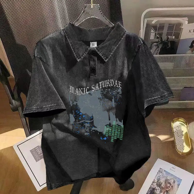 Hip Hop Graphics Print Short Sleeved T-shirt For Men Vintage Polo Collar Wash Tee Tops Summer Trendy Loose Tshirts Streetwear