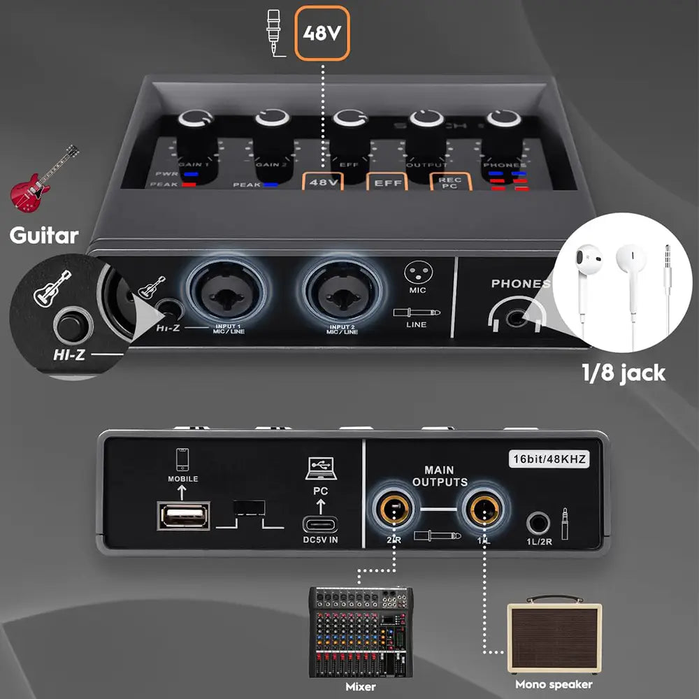 Audio Interface 16-bit/48kHz chip USB 2.0 Interface for Mac PC Music Interface with 48V Phantom Power Ideal for Beginner