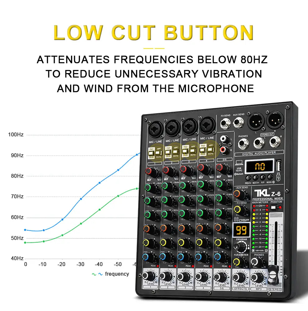 TKLBLS Professional 6-Channel 99DSP Audio Mixer 48V Phantom Power USB Studio Karaoke Bluetooth DJ Console Mixer