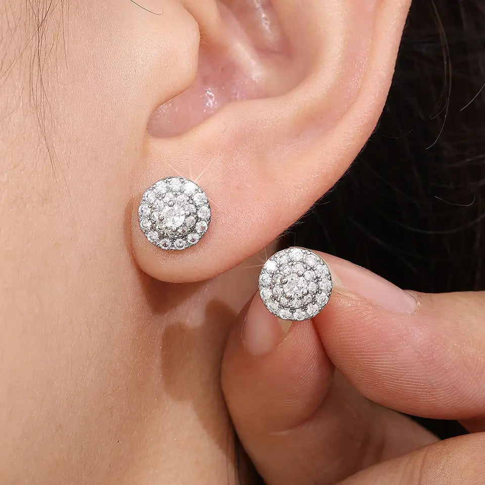Hiphop Rock Round Copper Zirconia Stud Earrings For Men Women Silver/Gold Color Metal Crystal Earring Party Ear Jewelry Gifts