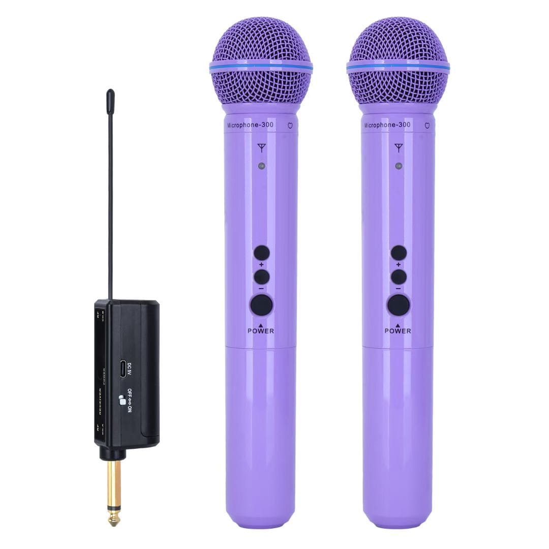 A professional dual-channel UHF wireless dynamic microphone system with a rechargeable receiver suitable for parties karaoke p