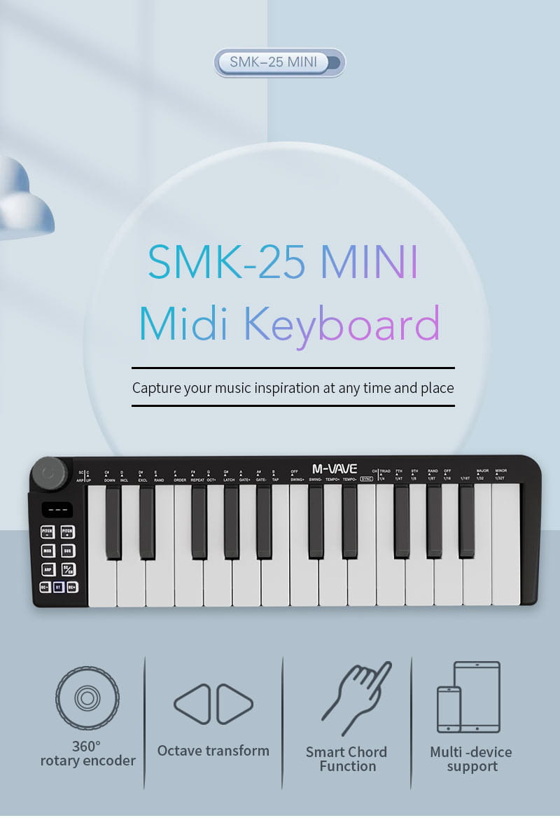 M-VAVE SMK-25mini MIDI Keyboard 25-Key MIDI Control Keyboard instrument Rechargeable Mini Portable USB Keyboard MIDI Controller