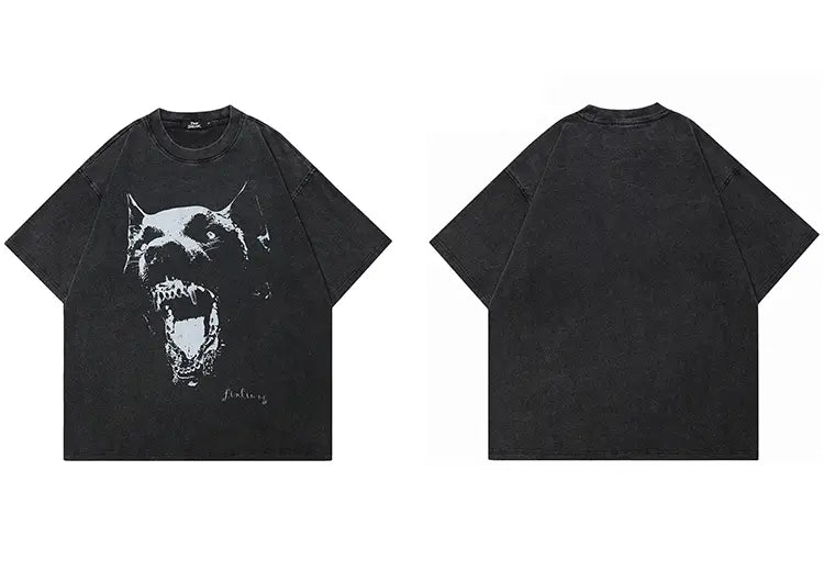 Hip Hop 2024 Streetwear Retro Washed Black T-Shirt Animal Vintage Graphic T Shirt Cotton Unisex Tshirt Men Tops Tee Hipster Dope