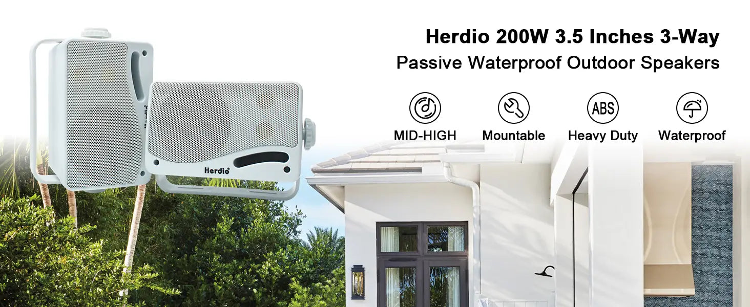 Herdio 3.5‘’ Outdoor Speakers Passive Wired Waterproof 200W 3 Way Premium Mountable Wall Mount Speakers With Superior Sound 2PCS