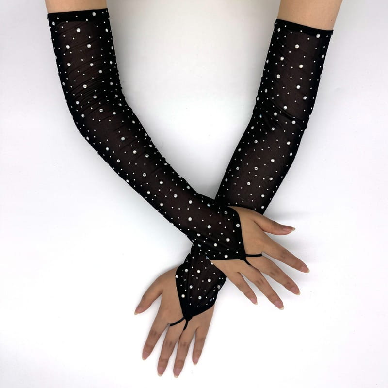 49CM Women Fashion Electronic Music Festival Sexy Mesh Shiny Hook Finger Gloves Elasticity Thin Cosplay Stage Performance
