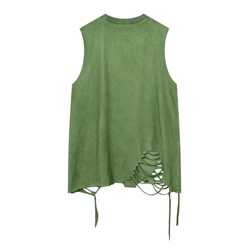 Hip Hop Tank Tops Men’s Vintage Washed Sleeveless T-Shirt Hole Harajuku Dancing Breathable Tops with Necklace Streetwear