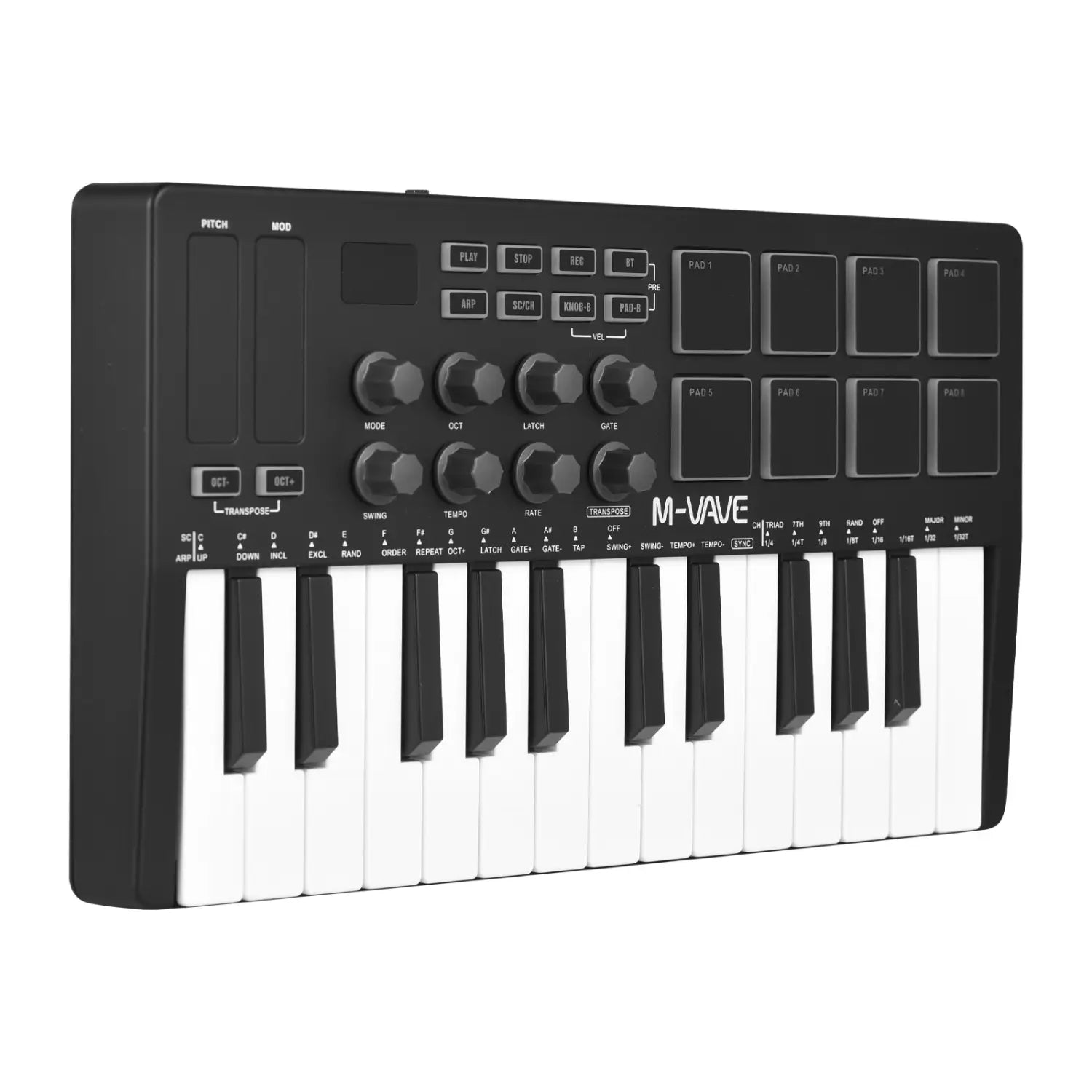 M-vave SMK-25 Mini 25 Keys Wireless / USB MIDI Keyboard Controller With 8 Backlit Drum Pads 8 Knobs and 2 Touch Stripes