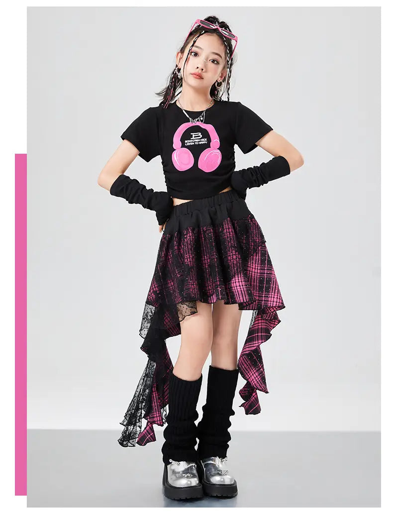 Kids Hiphop Fashion Style Rapper Clothes Set For Girl T-shirt Skirt Hip Hop Outfit Child Dance Wear Streetwear y2k Costume Suit