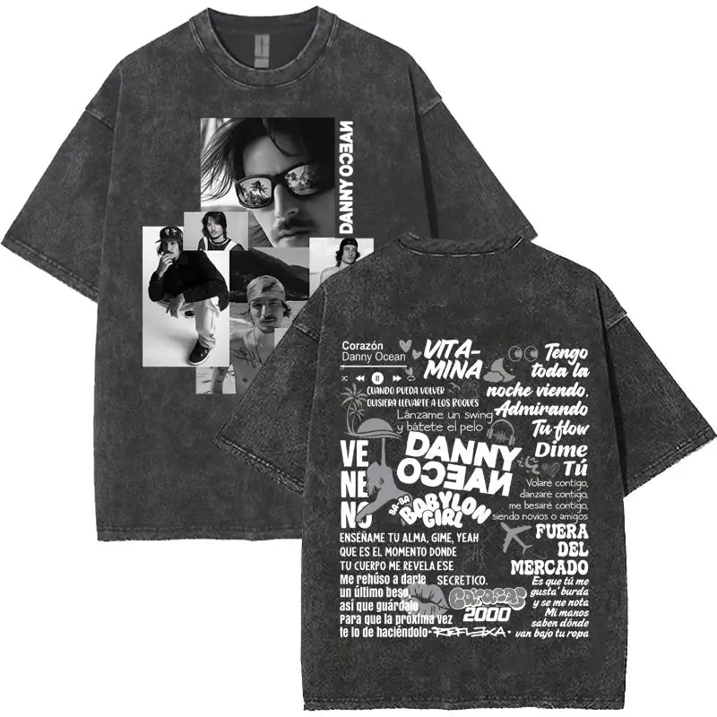 Rapper Danny Ocean Harajuku Letters Print Merch Vintage Washed T-Shirt Mens Hip Hop Crewneck Casual Y2K Tshirts Unisex Teenagers