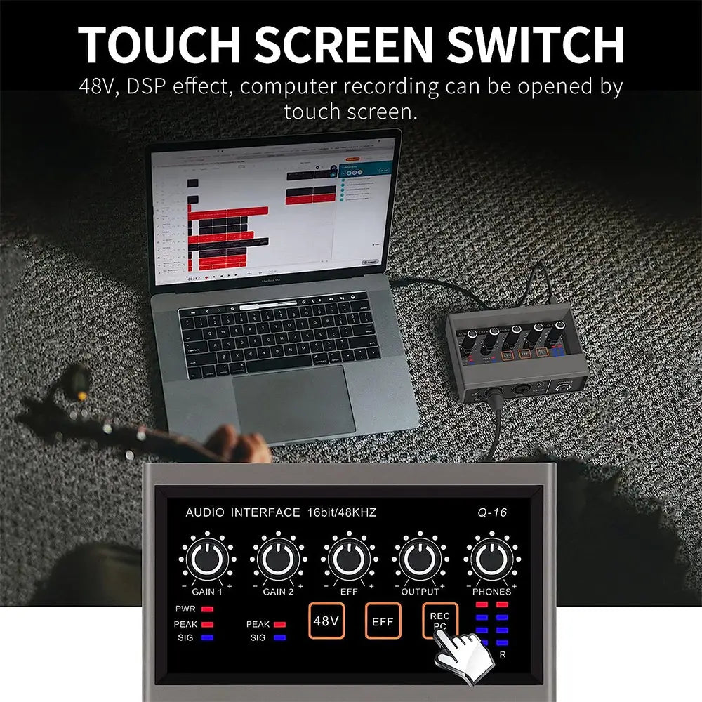 Audio Interface 16-bit/48kHz chip USB 2.0 Interface for Mac PC Music Interface with 48V Phantom Power Ideal for Beginner