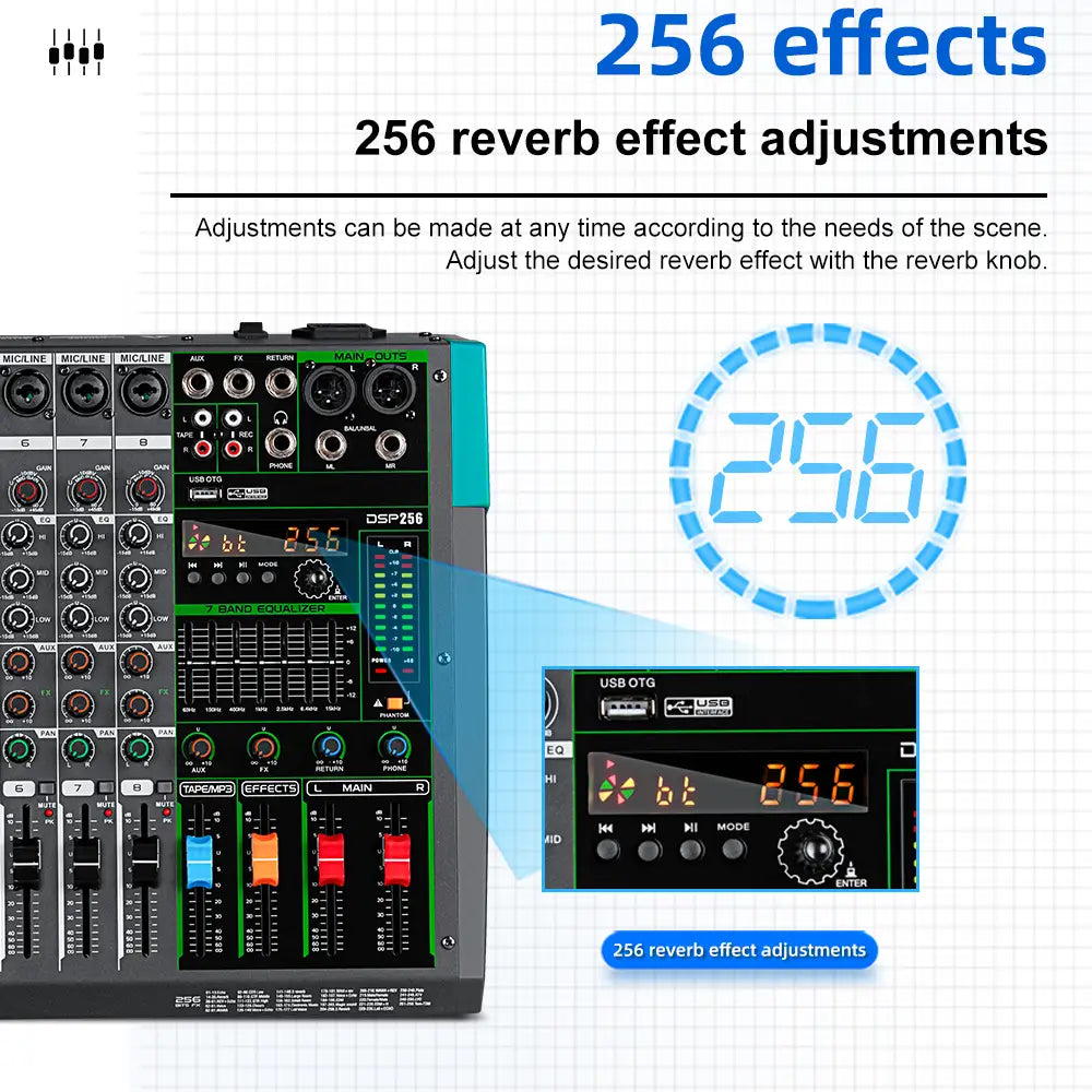 Professional Audio Mixer Depusheng MG8 8 Channel Sound Board Console DJ Mixing Desk System Interface Built-in 256 Reverb Effect