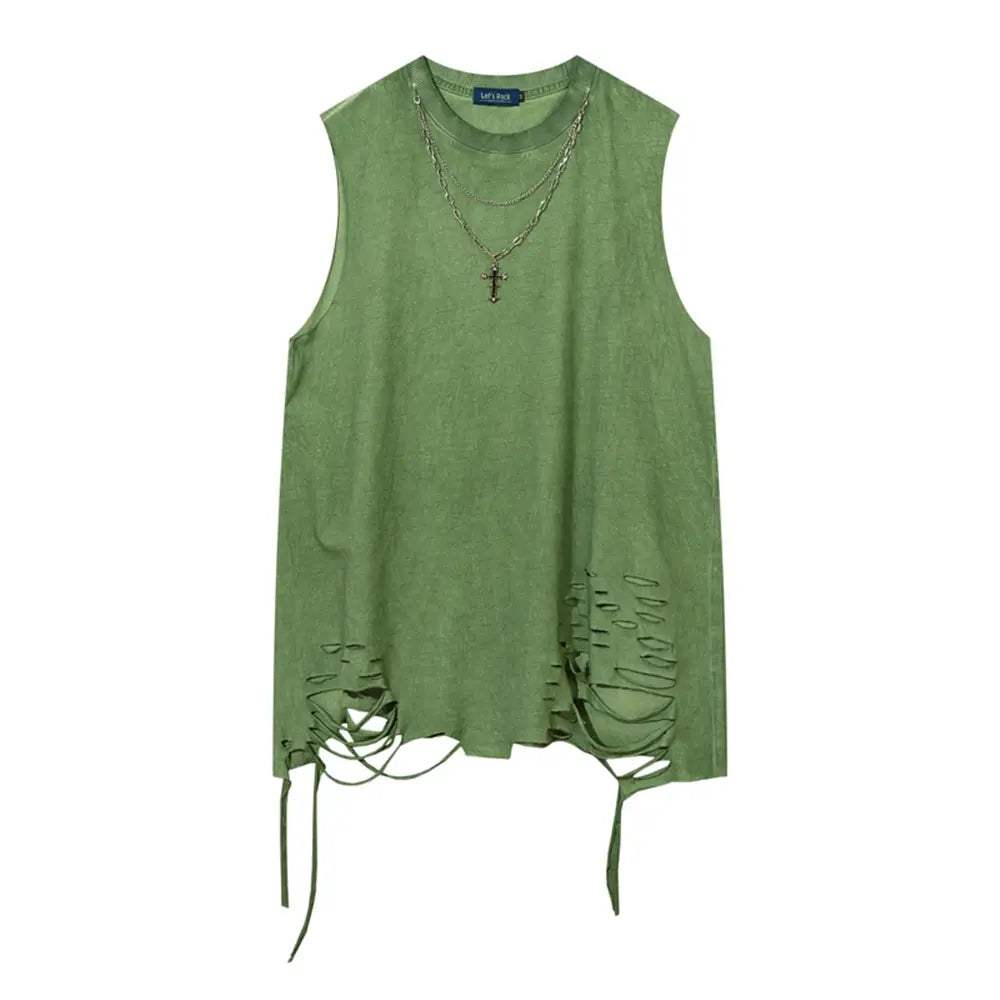 Hip Hop Tank Tops Men’s Vintage Washed Sleeveless T-Shirt Hole Harajuku Dancing Breathable Tops with Necklace Streetwear