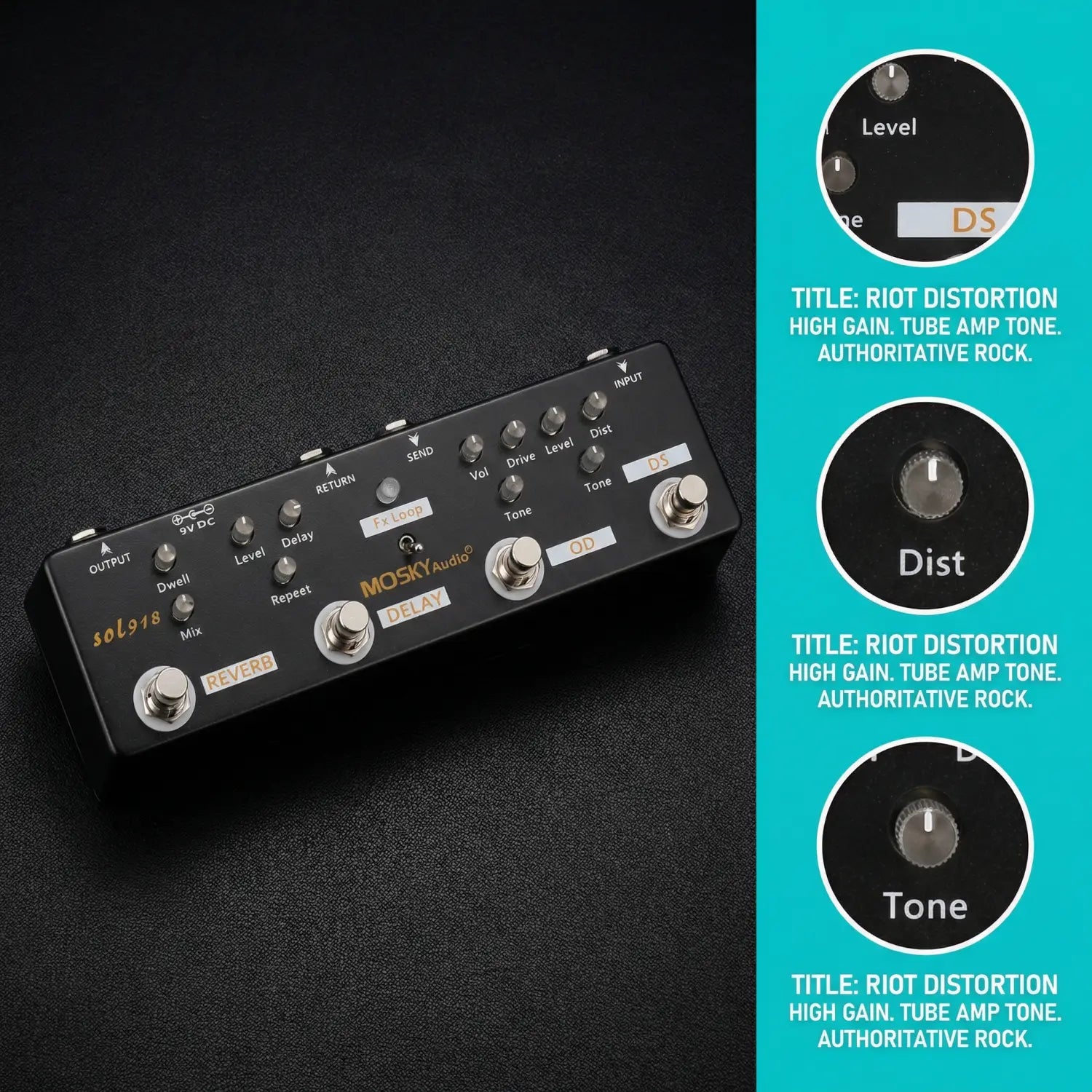 MOSKY Audio SOL918 Guitar Multi Effects Pedal Distortion Overdrive Delay Reverb 5 Effects FX Loop True Bypass Metal for Bass