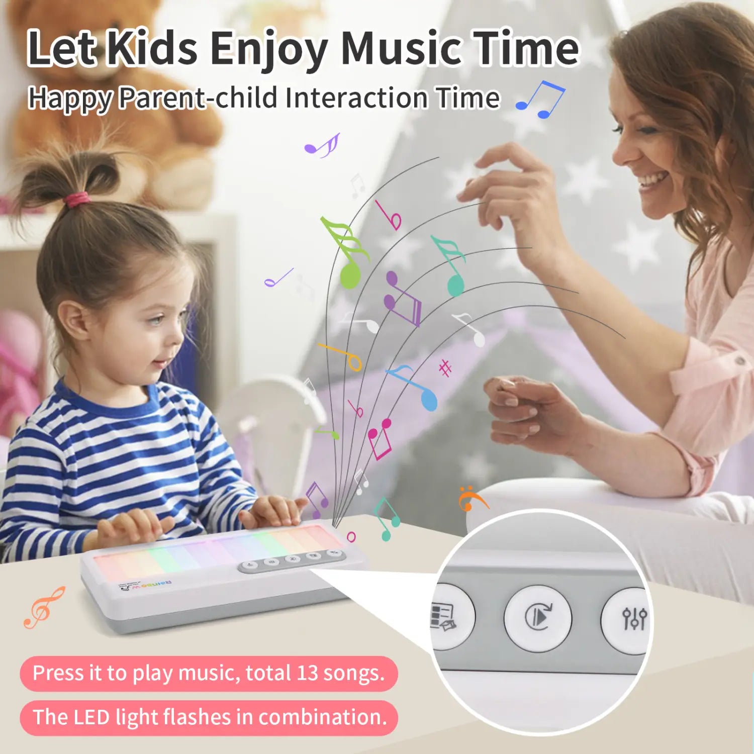 Rainbow Flashing Piano Toys with 5 Instruments 13 Melody Electronic Music Toys Portable Keyboard Toys Educational Toys for Kids