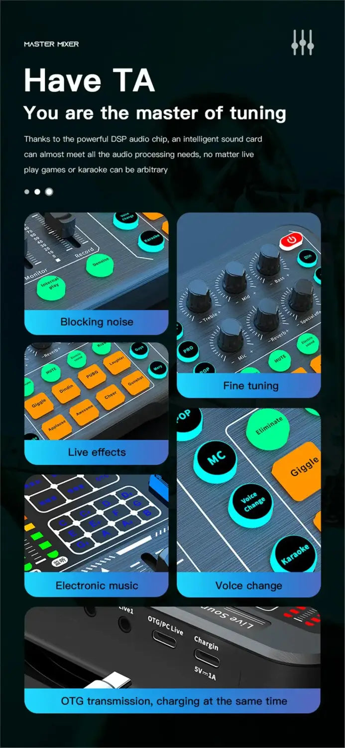M6 Sound Card Audio Mixer for Live Broadcast Karaoke Live Broadcast Equipment for Game Singing Voice Podcast Live Streaming